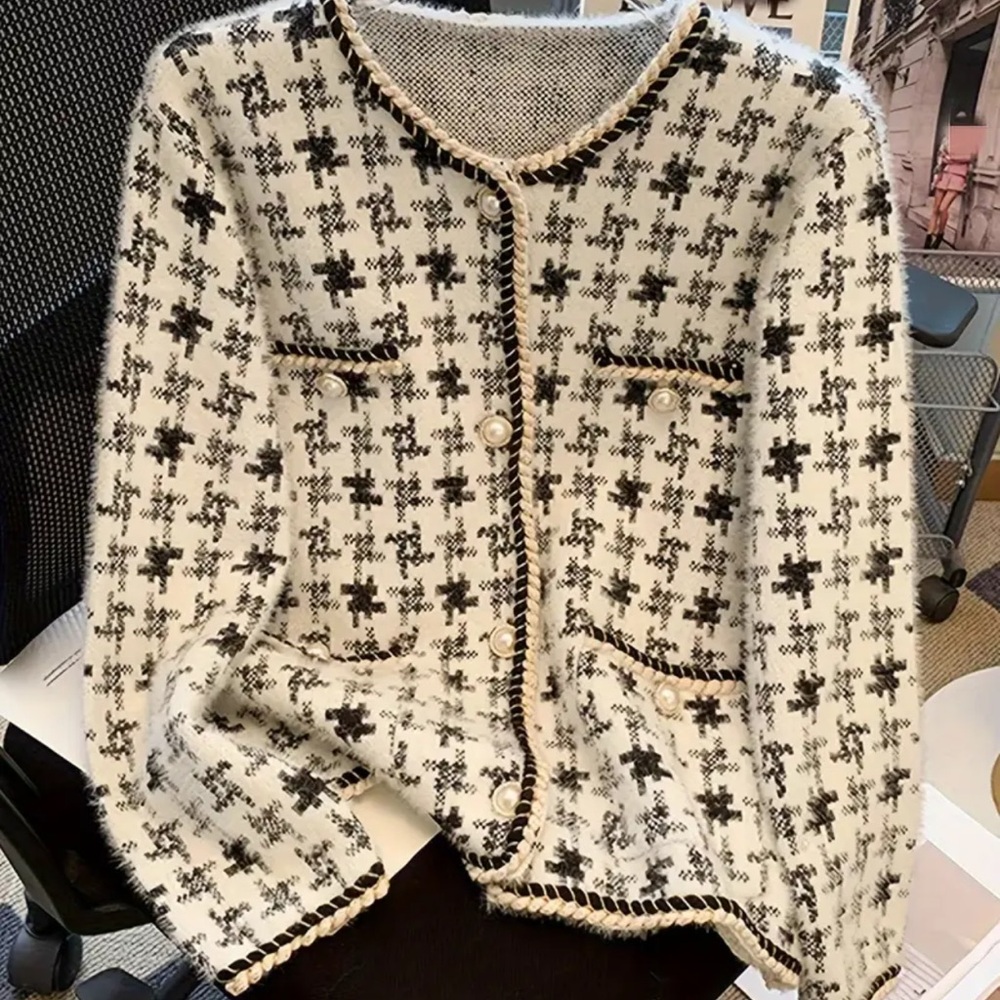 199. Plaid Pattern Button Front Knitted Cardigan,… - image 1